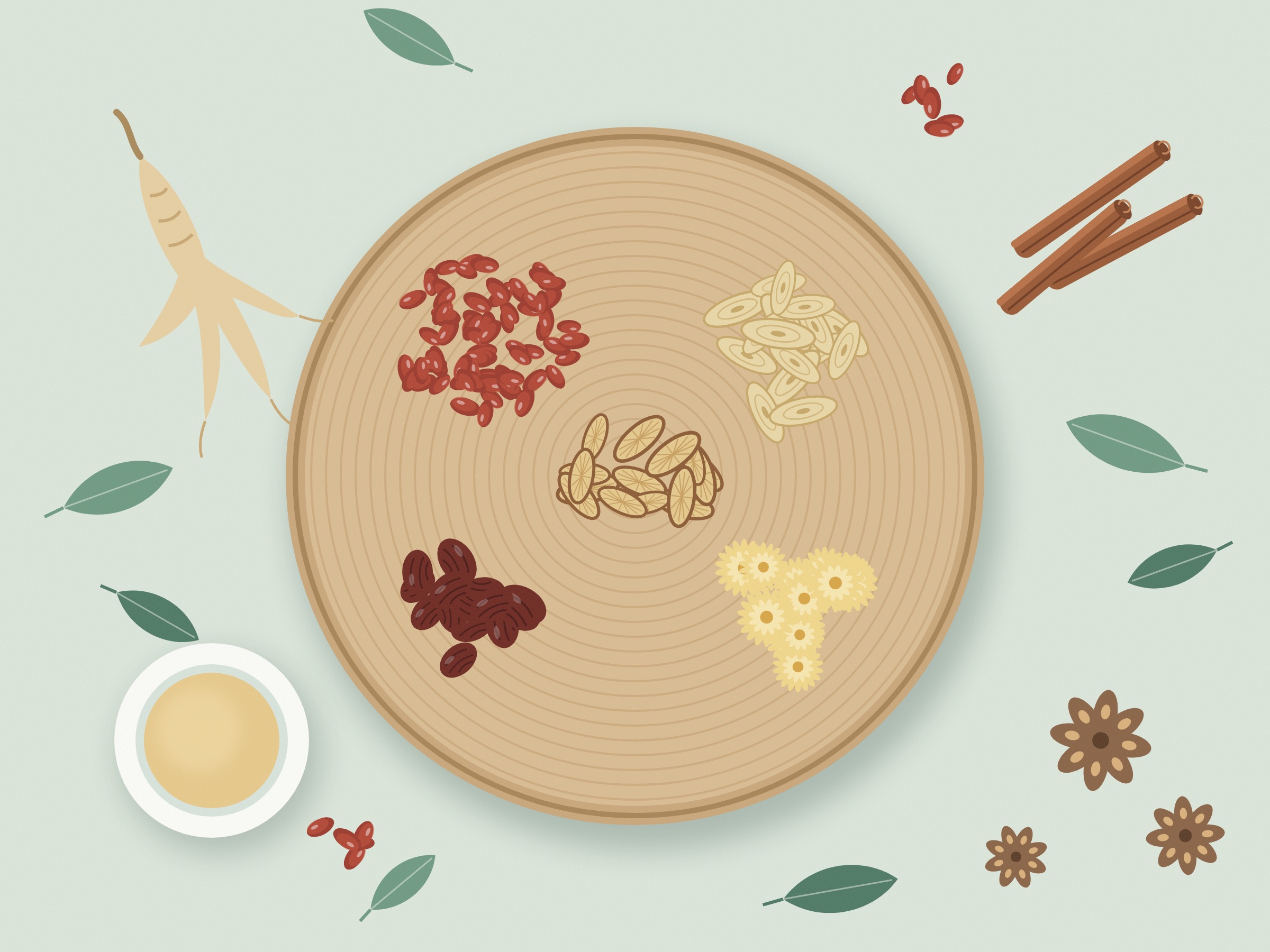 Chinese herbs arranged on a wooden tray
